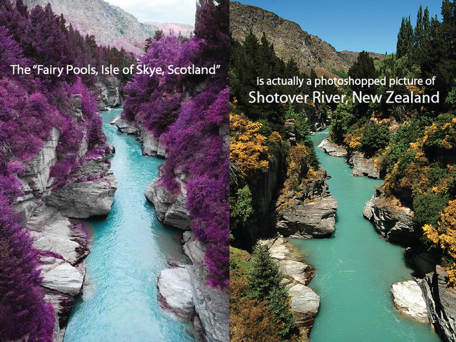 The image on the left claims to be a magical forest in Scotland where the trees are purple. It's actually a recolor. Oh, and it's not even in Scotland. The original image comes from New Zealand, and you can see in the background some of the areas where the trees were left green.