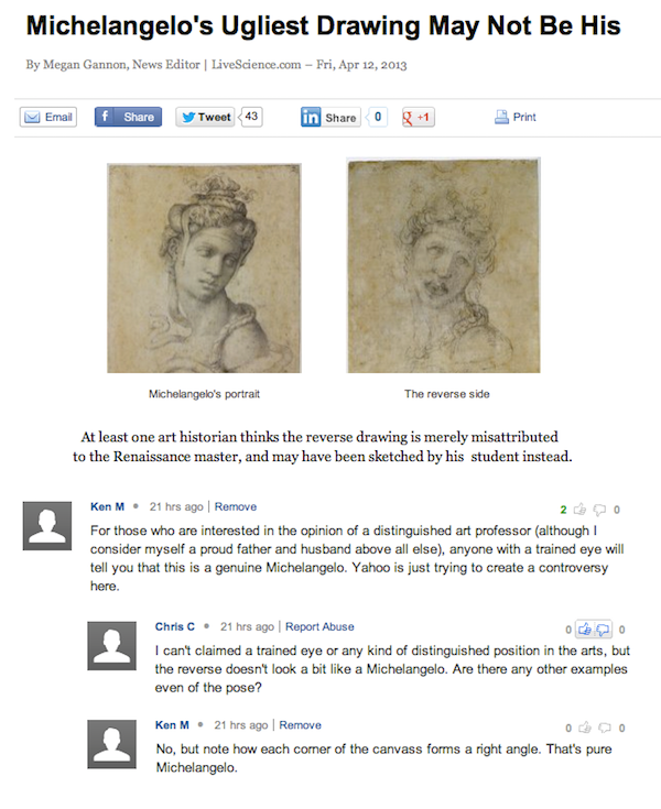 troll internet troll examples - Michelangelo's Ugliest Drawing May Not Be His By Megan Gannon, News Editor | LiveScience.com Fri, Email y Tweet 43 in 0 g 1 Print Michelangelo's portrait The reverse side At least one art historian thinks the reverse drawin