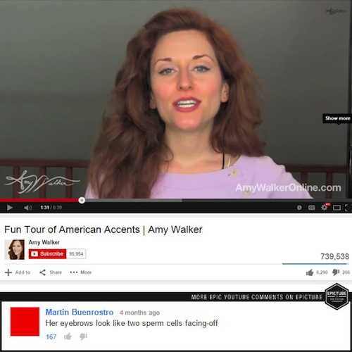 youtube comment best youtube comment - 06 Show more AmyWalkerOnline.com 131699 Fun Tour of American Accents Amy Walker Amy Walker Subscribe 739,538 Add to More More Epic Youtube On Epictube Martin Buenrostro 4 months ago Her eyebrows look two sperm cells 