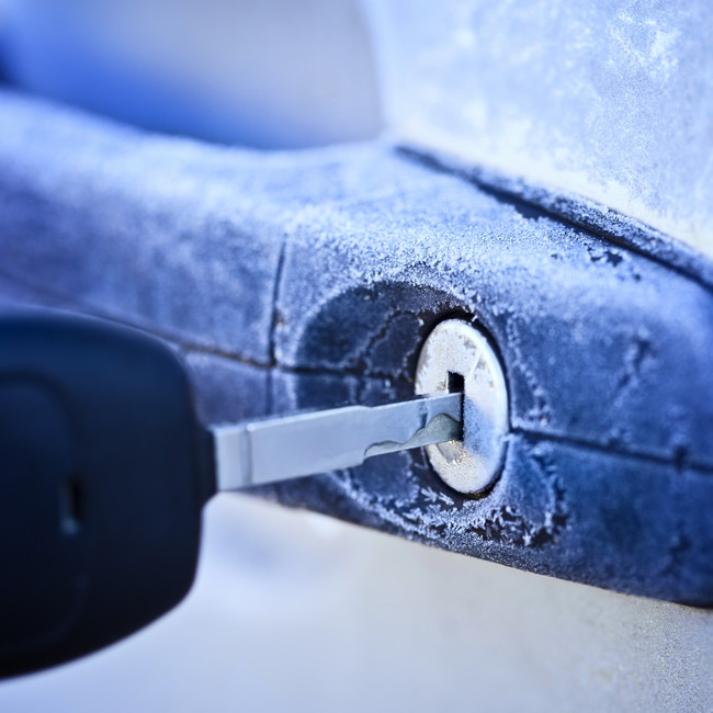 If your lock is frozen, apply some hand sanitizer to your key to help melt the ice.