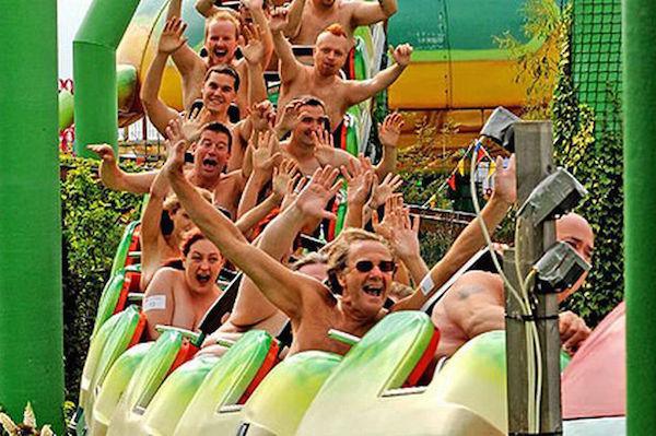 On August 8, 2010 thrill-seekers gathered to set the record for the most naked riders on a theme park ride. They totaled 102 riders.
