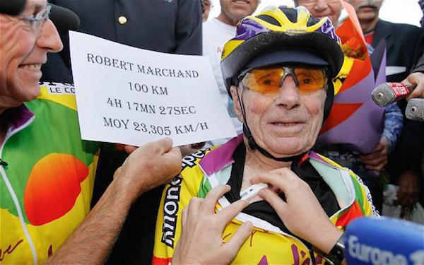 Cyclist Robert Marchand of France is seen here during his attempt to set a world record for cycling non-stop for one hour, in the over 100-year-old category, at the Union Cycliste Internationale velodrome in Switzerland, on February 17, 2012. Marchand, born November 26, 1911, cycled 15 miles around the 200 meter indoor track to set the record.