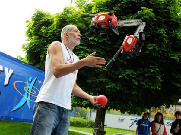 Milan Roskopf of Slovakia broke his own previous world record in June 2009 by juggling three motor saws 62 successful times in a row. His previous record was 35.