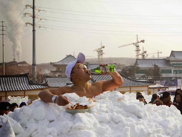 China’s Jin Songhao set the Guinness World Record for the longest time spent in direct full body contact with snow in January 2011. His time was 46 minutes and seven seconds.