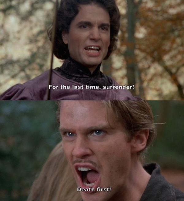 Six weeks before filming, Cary Elwes broke his toe riding André the Giant’s ATV. His careful walking is especially noticeable in the scene when he confronts Buttercup about her fiancé as the Dread Pirate Roberts.