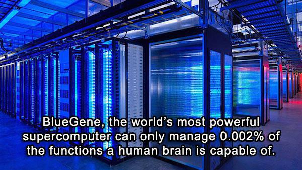 computer servers - Blue Gene, the world's most powerful supercomputer can only manage 0.002% of the functions a human brain is capable of.