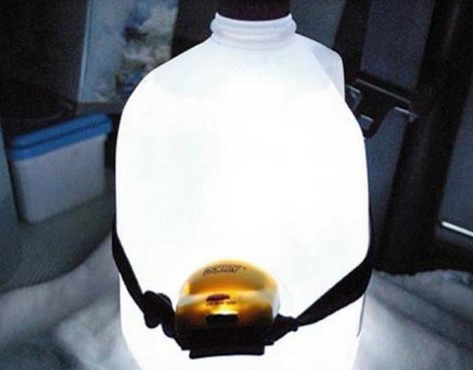 A water jug and a headlamp make a super-bright lantern.