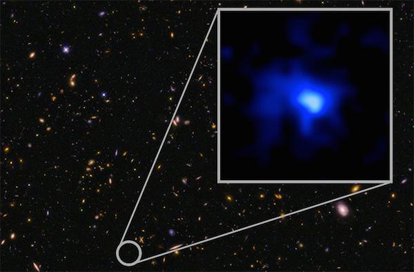 The farthest confirmed galaxy to date is called EGS-zs8-1. Imaged here, by the Hubble Space Telescope, the galaxy lies about 13.1 billion light years from Earth.