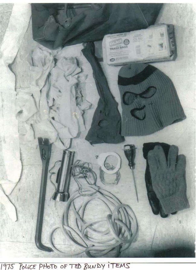 In August 1975, Bundy was arrested for the first time after he failed to pull over for a traffic stop. After seeing that the front seat of Bundy's 1968 Volkswagon Beetle was missing, the officer searched the car. This is what he found... A ski mask, a second mask fashioned from pantyhose, a crowbar, handcuffs, trash bags, a coil of rope, and an ice pick. Police first thought that maybe these were burglary tools and placed Bundy under surveillance while they investigated. They noticed that Bundy's description matched that of the suspect being sought for the 1974 Seattle murders. A detective flew from Salt Lake City to Seattle to interview Bundy's long-distance girlfriend Elizabeth Kloepfer. Kloepfer told the detectives in detail about all of the strange things she had noticed about Bundy, including his odd habit of examining her with a flashlight under the covers while she slept.