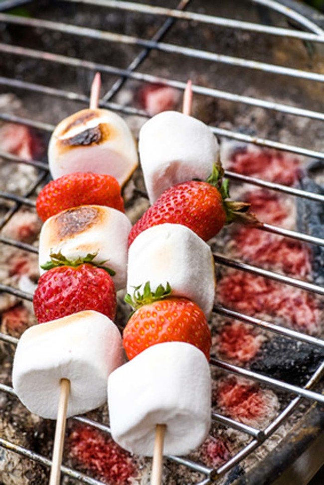 Marshmallows and strawberries on skewers are a tasty dessert option, too