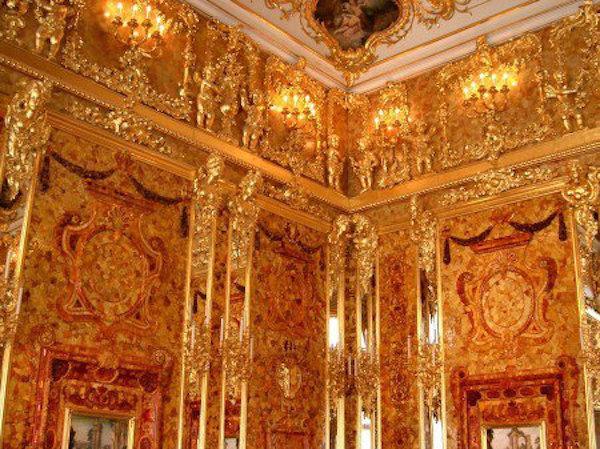 The Amber Room – Germany.
In 1716, Prussian King Frederick William gifted the Russian Czar, Peter the Great, with a room whose walls were crafted from amber. The wall panels were elaborate and beautiful, and even hailed by some as the eighth wonder of the world.
In 1941, the great Amber Room was taken apart and stolen by German soldiers, and by the end of the Second World War the panels had disappeared completely. According to some researchers, the amber wall panels must have been destroyed during the Soviet siege of Kaliningrad; yet others believe that the panels were transported elsewhere prior to the destruction of the city.