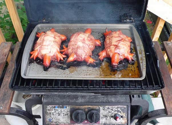 Turtle burgers are burgers and hot dogs wrapped in bacon and grilled.