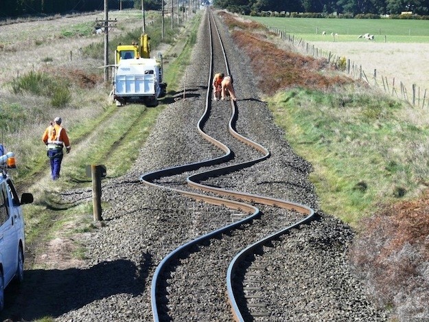 You're not tripping out on drugs. This is what an earthquake does to railroad tracks sometimes.