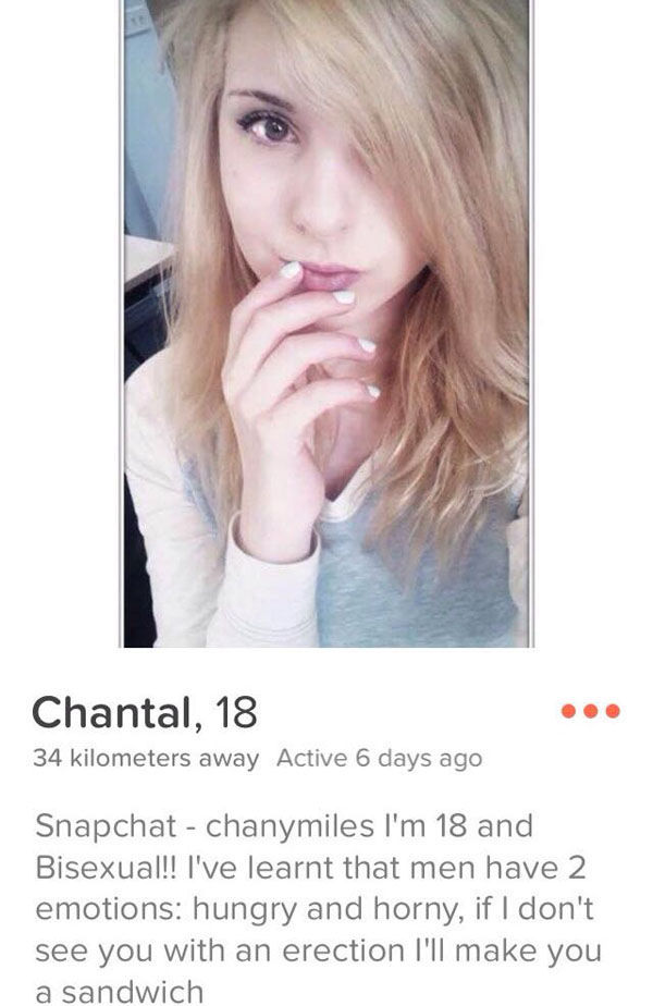 tinder - tinder bio for bisexuals - Chantal, 18 34 kilometers away Active 6 days ago Snapchat chanymiles I'm 18 and Bisexual!! I've learnt that men have 2 emotions hungry and horny, if I don't see you with an erection I'll make you a sandwich