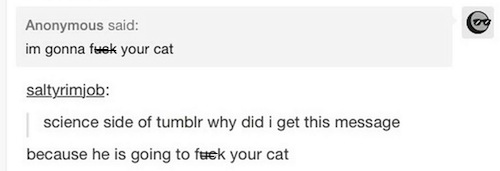 tumblr - document - Anonymous said im gonna fuek your cat saltyrimjob science side of tumblr why did i get this message because he is going to fuck your cat
