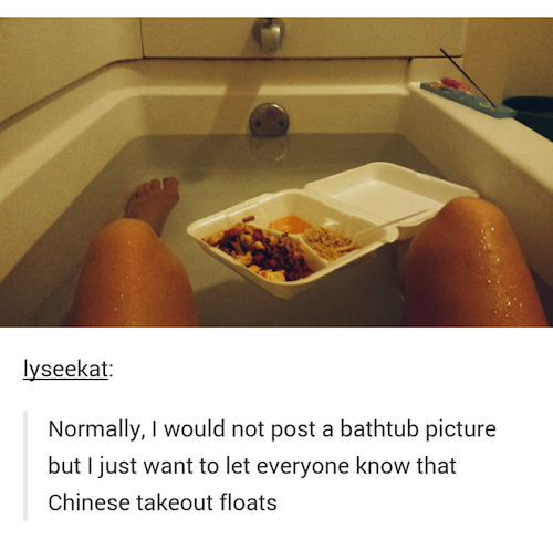 tumblr - food is so good meme - lyseekat Normally, I would not post a bathtub picture but I just want to let everyone know that Chinese takeout floats