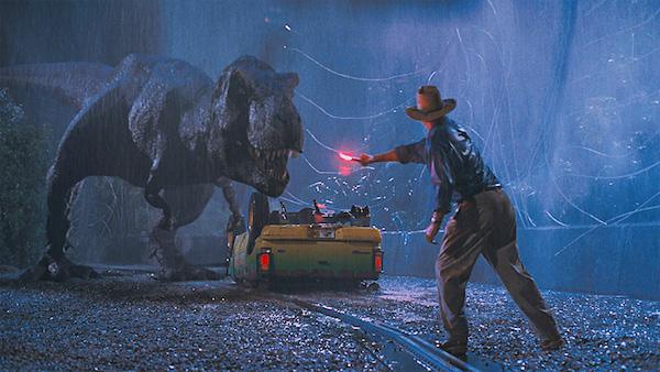 Sam Neill injured himself with the flare he uses to distract the T. rex. According to Neill, “It dropped some burning phosphorous on me and got under my watch and took a chunk of my arm out.”