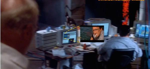 Jaws is playing on one of Nedry’s computer screens.