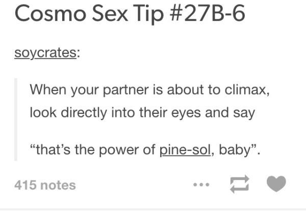tumblr - document - Cosmo Sex Tip soycrates When your partner is about to climax, look directly into their eyes and say "that's the power of pinesol, baby. 415 notes