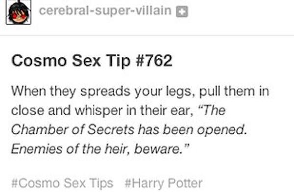 tumblr - cosmo sex tips - cerebralsupervillain Cosmo Sex Tip When they spreads your legs, pull them in close and whisper in their ear, "The Chamber of Secrets has been opened. Enemies of the heir, beware." Sex Tips Potter