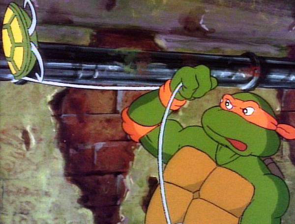 Those censorship policies were so rigorous, that Michelangelo’s weapon (a nunchaku) had to be edited out of the show. In its place, he was given a grappling hook called ‘The Turtle Line’.
