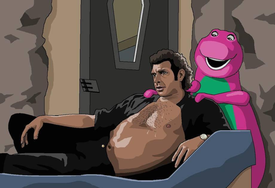 Can you please paint Jeff Goldblum in his classic Jurassic Park pose – open shirt, breathing heavily, with beads of sweat dripping down his chest – while Barney the Dinosaur stands behind him giving him a massage, looking a little bit rapey.