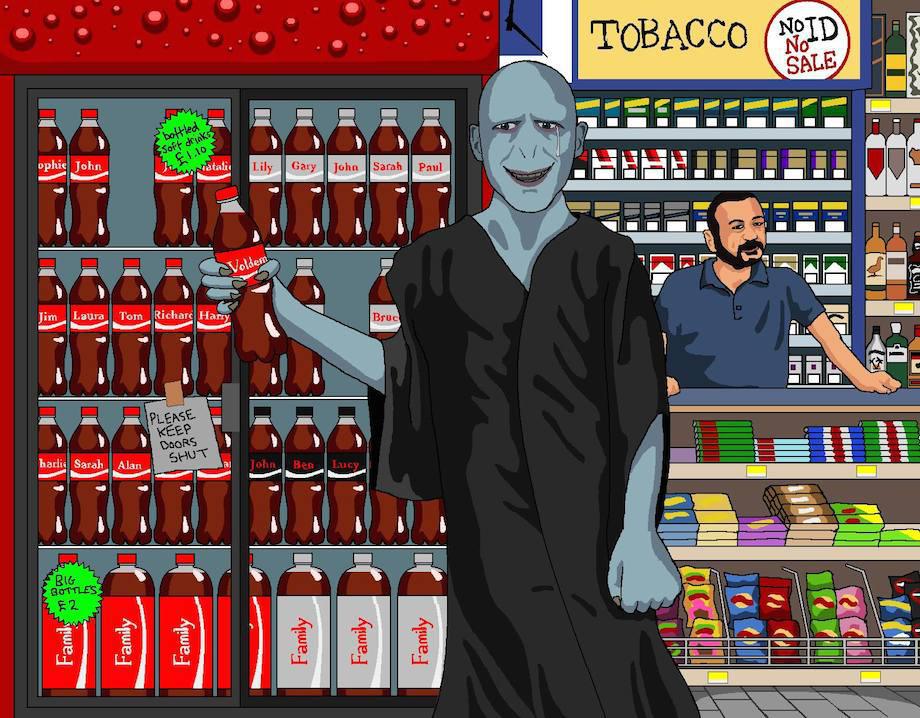 Please can you paint for me the beautiful moment when Voldemort finally finds a Coke bottle with his name on it.
