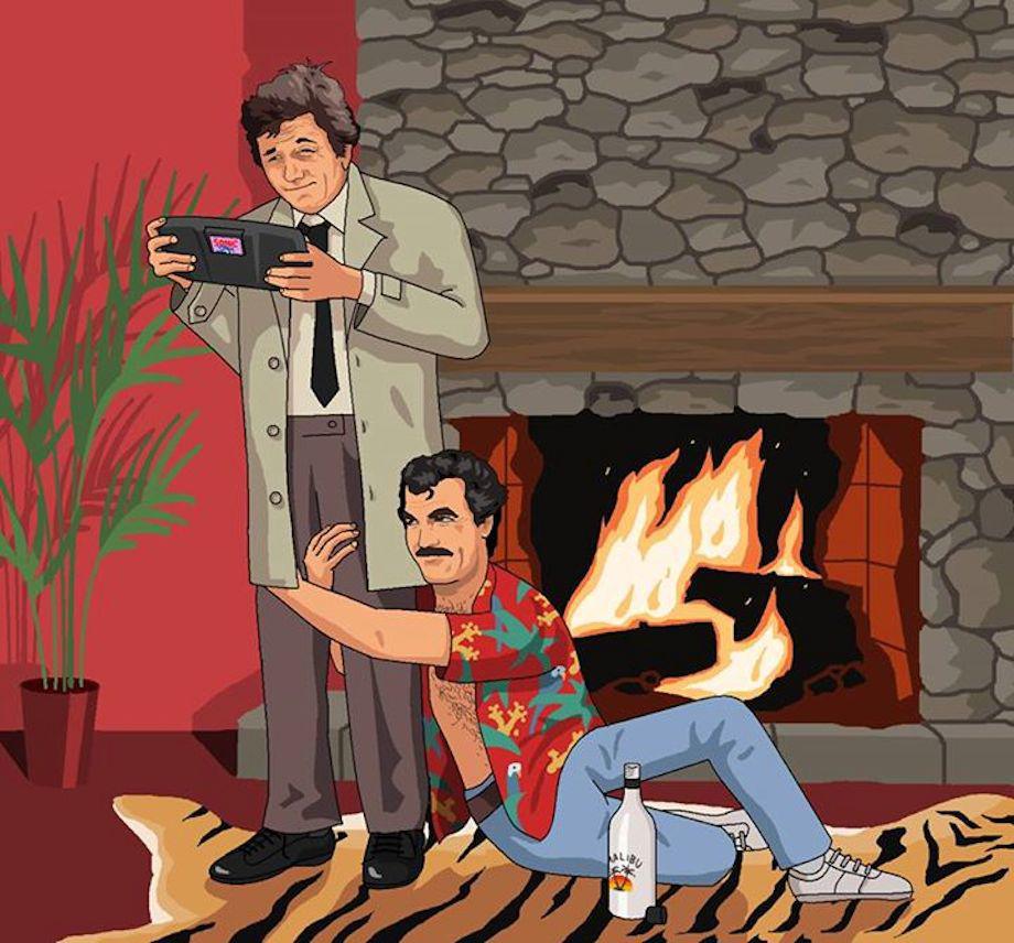 Could you draw Columbo playing a Sega Game Gear while a drunken Magnum PI cuddles his knee please?