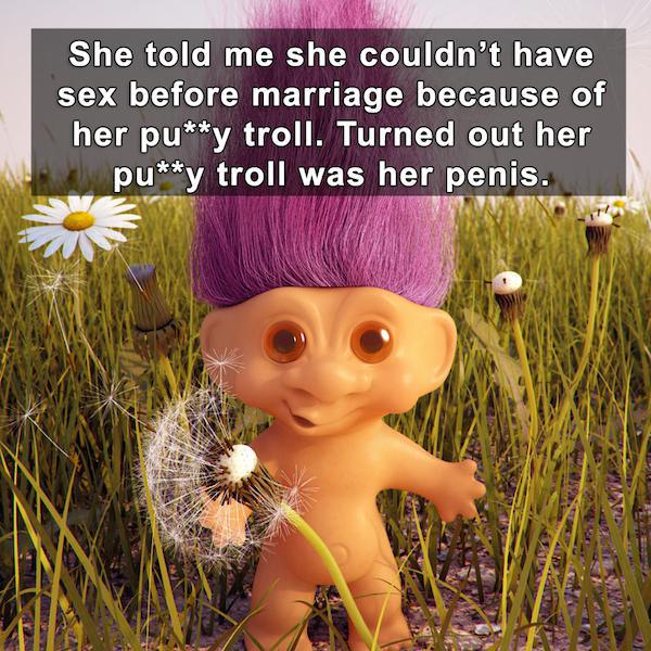 cute trolls - She told me she couldn't have sex before marriage because of her puy troll. Turned out her puy troll was her penis.