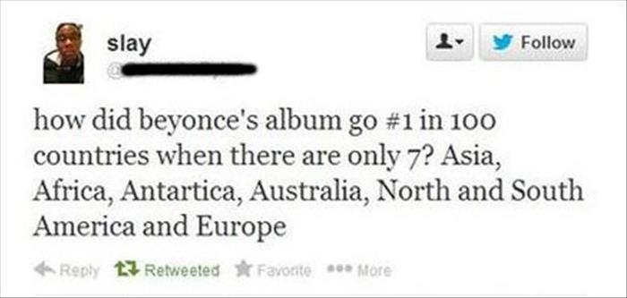 american college of greece - slay y how did beyonce's album go in 100 countries when there are only 7? Asia, Africa, Antartica, Australia, North and South America and Europe 13 Retweeted Favorite More