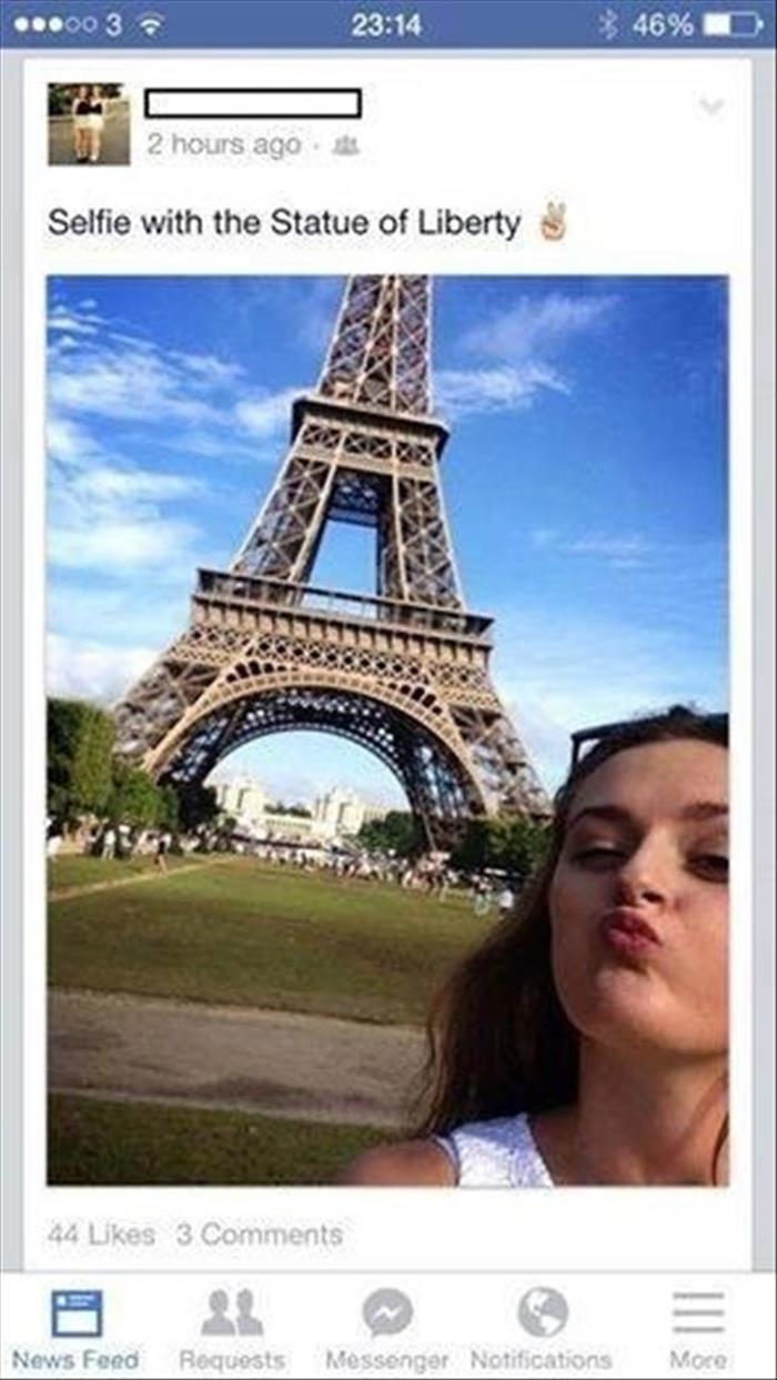 eiffel tower - ...003 46% D 2 hours ago Selfie with the Statue of Liberty $ 44 3 News Feed Bequests Messenger Notifications More