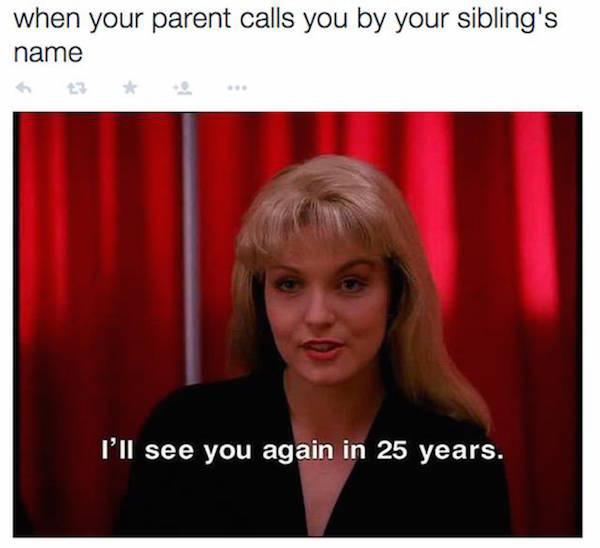 memes only people with siblings will understand - when your parent calls you by your sibling's name I'll see you again in 25 years.
