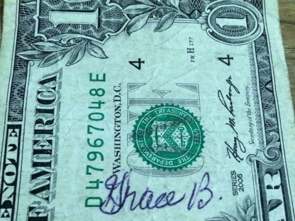A couple of weeks ago after having lunch with his granddaughter, the waitress gave Peter $3 in change. He almost didn’t believe it when he saw his wife’s signature on one of the bills.