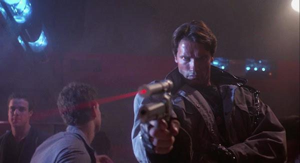 The Terminators famous laser pistol was a custom built Colt .45 longslide. The laser sight was custom-made for the movie, with a 10,000 volt power supply hidden in Arnold’s pocket.