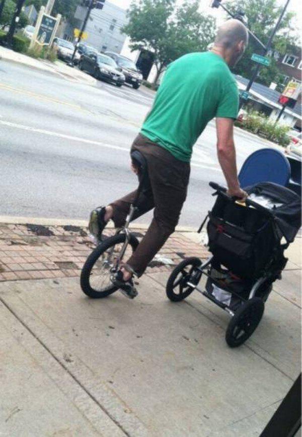 unicycle pushing stroller