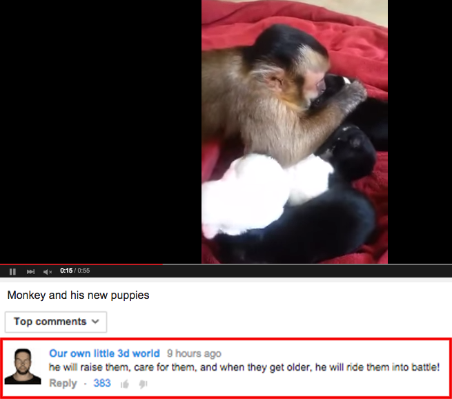 youtube comment photo caption - Ili Monkey and his new puppies Top Our own little 3d world 9 hours ago he will raise them, care for them, and when they get older, he will ride them into battle! 383 91