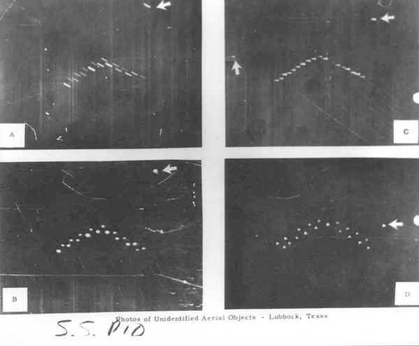 Lubbock Lights, 1951: Over Lubbock, Texas this unusual formation of 20-30 lights appeared in the sky throughout August and September, leaving residents very confused and concerned. This was regarded as one of the first great UFO incidents in the U.S.