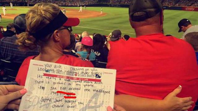 The sheet reads:
“Your wife is cheating on you. Look at the messages under Nancy! Its really a man named Mark Allen. There is pictures on my phone if she deleted the messages. (her phone #) Sorry, just thought you should know!”