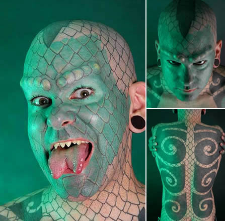Eric Sprague: The Lizardman: Born Eric Sprague in 1972, the Lizardman was one of the first people to have a split tongue and in some circles is seen to be wholly responsible for the recent popularity of this particular modification. This 37 year old man has transformed himself into a reptile via 700 hours of tattooing, five Teflon horns implanted beneath the skin of his eyebrows, filing down of his teeth into sharp fangs, bifurcation of his tongue, and stretching of his septum and earlobes.