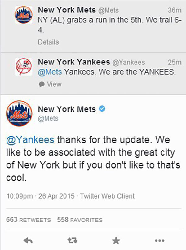 comment point - New York Mets 36m Ny Al grabs a run in the 5th. We trail 6 Details New York Yankees 25m Yankees. We are the Yankees. View New York Mets thanks for the update. We to be associated with the great city of New York but if you don't to that's c