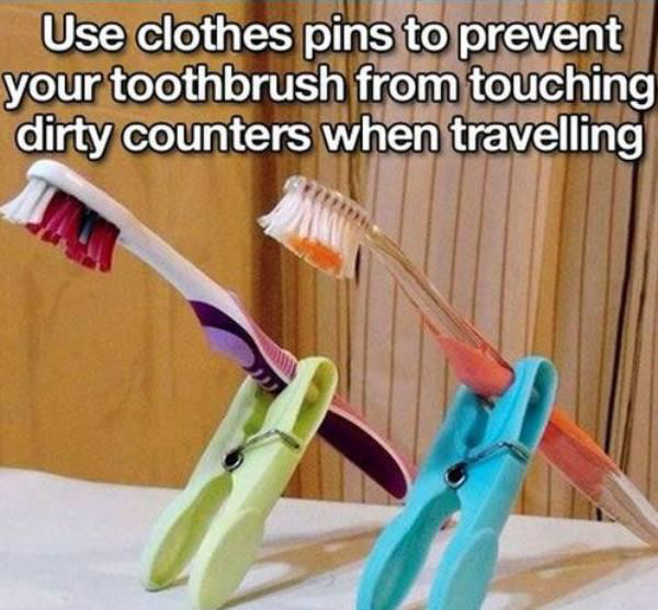 toothbrush holder ideas - Use clothes pins to prevent your toothbrush from touching dirty counters when travelling