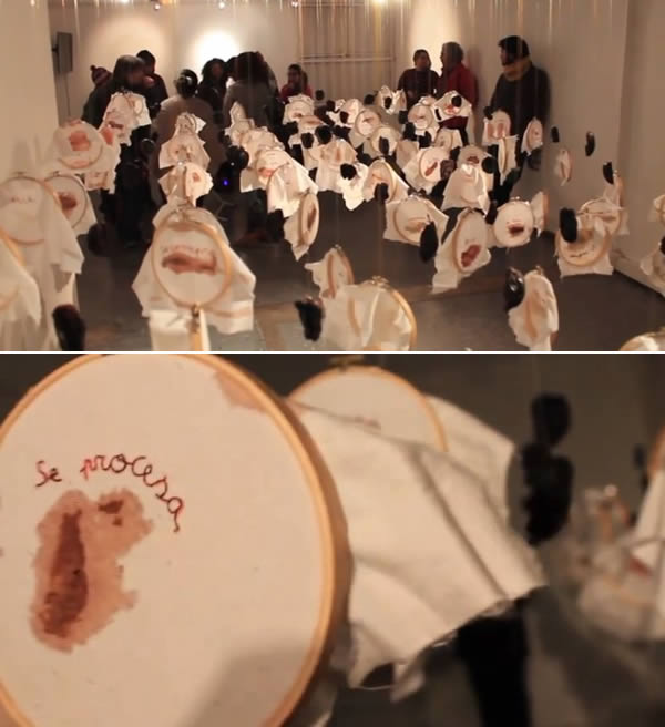 Chilean artist Carina Úbeda has saved five years worth of menstrual blood—for the sake of art. Úbeda can't wear pads because they trigger an allergic reaction. So, instead of tossing her cloth sanitary napkins aside, she decided to save the soiled fabrics until inspiration struck.

For Cloths, her 2013 exhibition at the Center of Culture and Health in Quillota, Chile, the artist put 90 used sanitary rags on display. Each was embroidered with words like "destroyed" and "production" and placed in an embroidery hoop and hung up. They were surrounded by dangling, rotten apples symbolizing ovulation.

While some were disgusted by Úbeda's choice of material, others saw poignancy in the medium. "Male blood is celebrated for being brave while ours is a shame," one visitor claimed. "This won't change until we release our body as the first stage of political struggle."