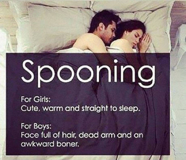 friendship - Spooning For Girls Cute, warm and straight to sleep. For Boys Face full of hair, dead arm and an awkward boner.
