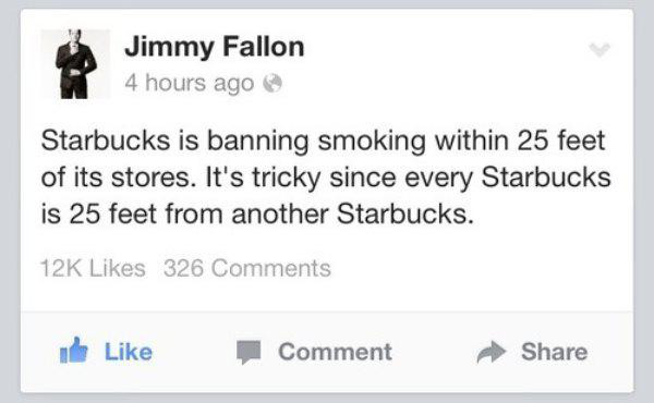 cw porn - 3 Jimmy Fallon 4 hours ago Starbucks is banning smoking within 25 feet of its stores. It's tricky since every Starbucks is 25 feet from another Starbucks. 12K 326 u Comment