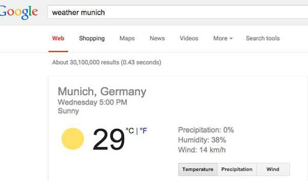 If you search for “weather” followed by the name of a city or location Google will return a convenient weather app.
