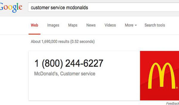 Google makes tracking down customer service simple. By adding ‘customer service’ before the business name, you’ll pull up relevant information you need to know.
