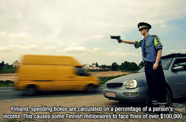funny facts about anything - Finland, speeding tickes are calculated on a percentage of a person's income. This causes some Finnish millionaires to face fines of over $100,000