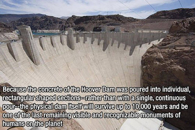 hoover dam - Because the concrete of the Hoover Dam was poured into individual, rectangular shaped sections rather than with a single, continuous pourthe physical dam itself will survive up to 10,000 years and be one of the last remaining visible and reco