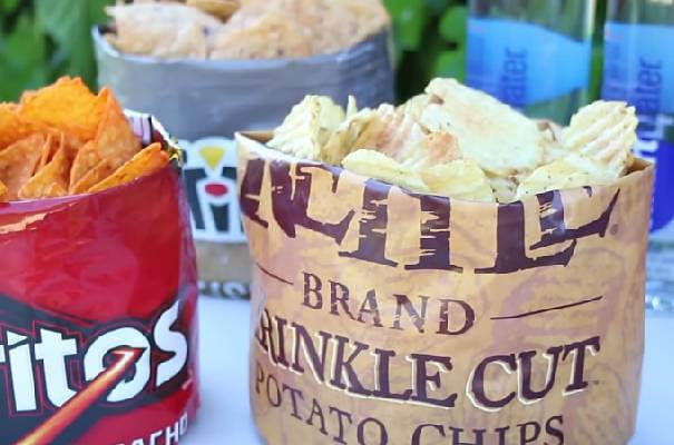 Save dishes by converting your chip bag into a bowl!