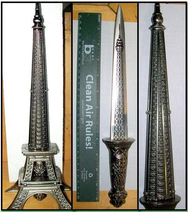 Double-edged sword inside an Eiffel tower souvenir